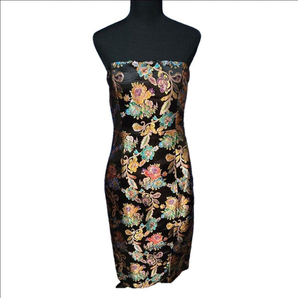 Olia Metallic Jacquard Strapless Floral Midi Dress XS NWT Black Holiday Party - Picture 2 of 8